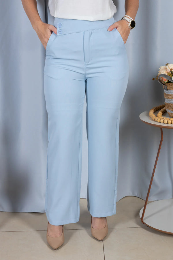 Calça Corte Reto em Alfaiataria Cós Assimétrico com Elástico Yasmin Azul