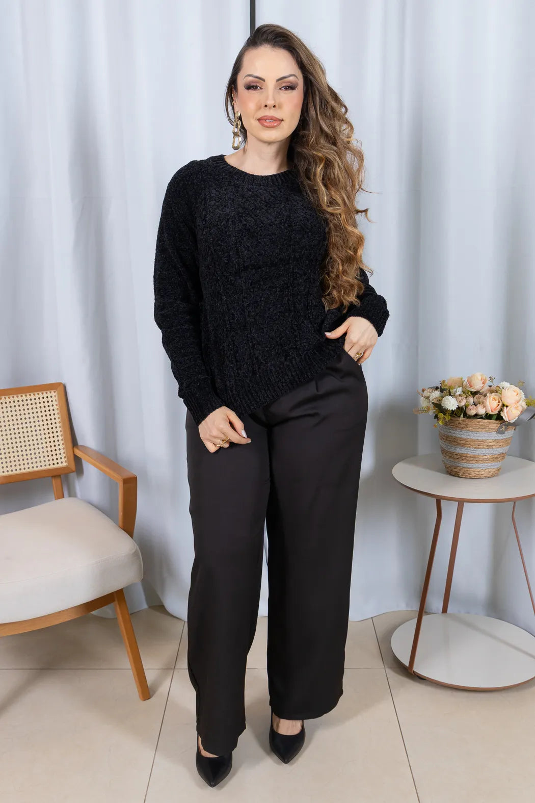 Blusa Manga Longa em Tricot Mousse Valentina Preto