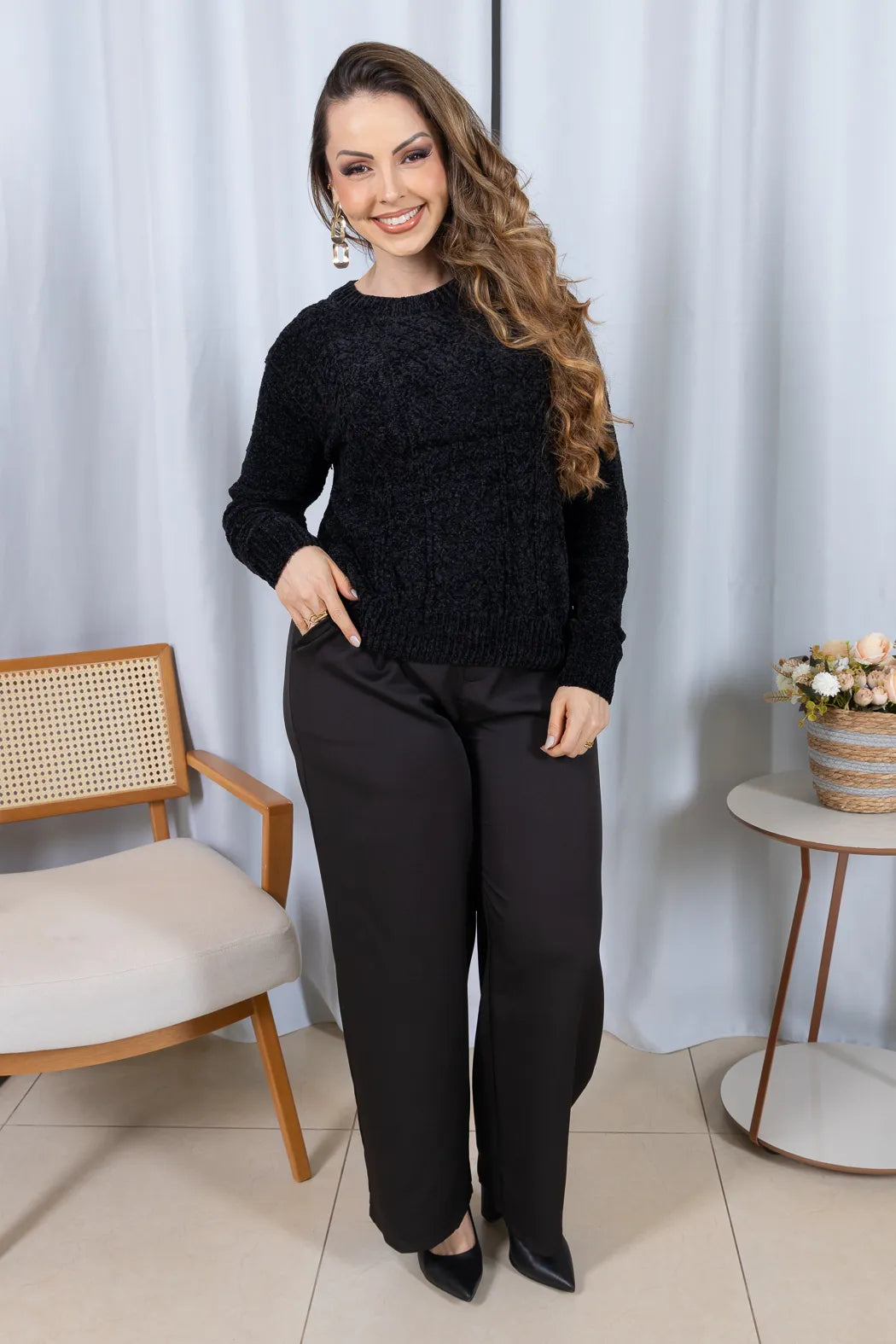 Blusa Manga Longa em Tricot Mousse Valentina Preto