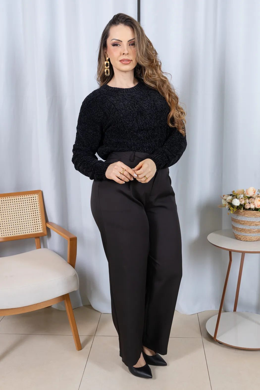 Blusa Manga Longa em Tricot Mousse Valentina Preto