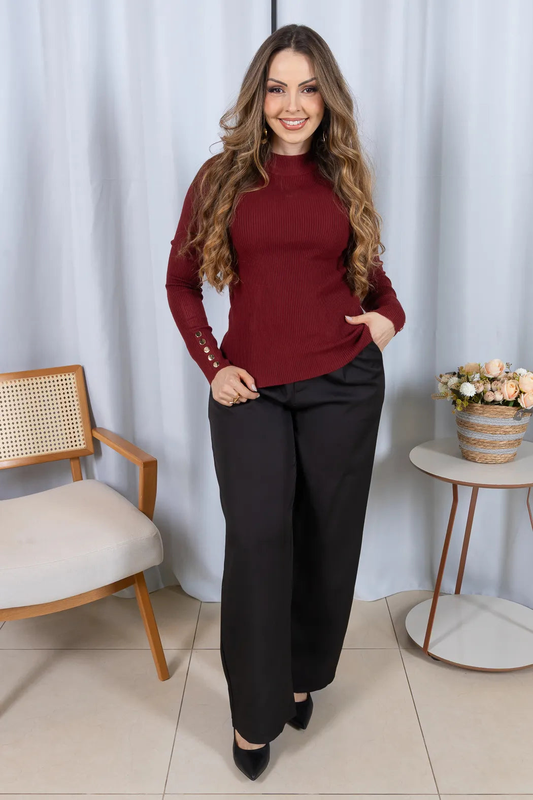 Tricot Manga Longa Meia Gola em Modal Canelado Isadora Bordô