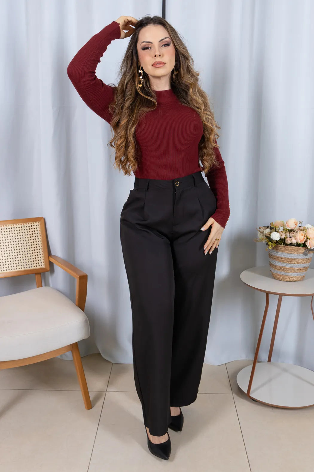 Tricot Manga Longa Meia Gola em Modal Canelado Isadora Bordô