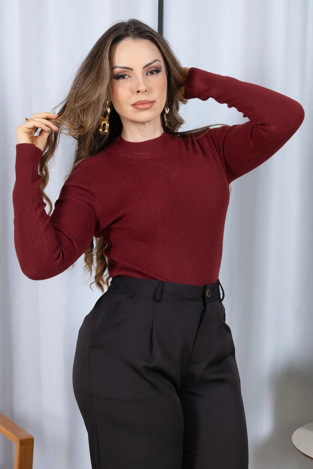 Tricot Manga Longa Meia Gola em Modal Canelado Isadora Bordô