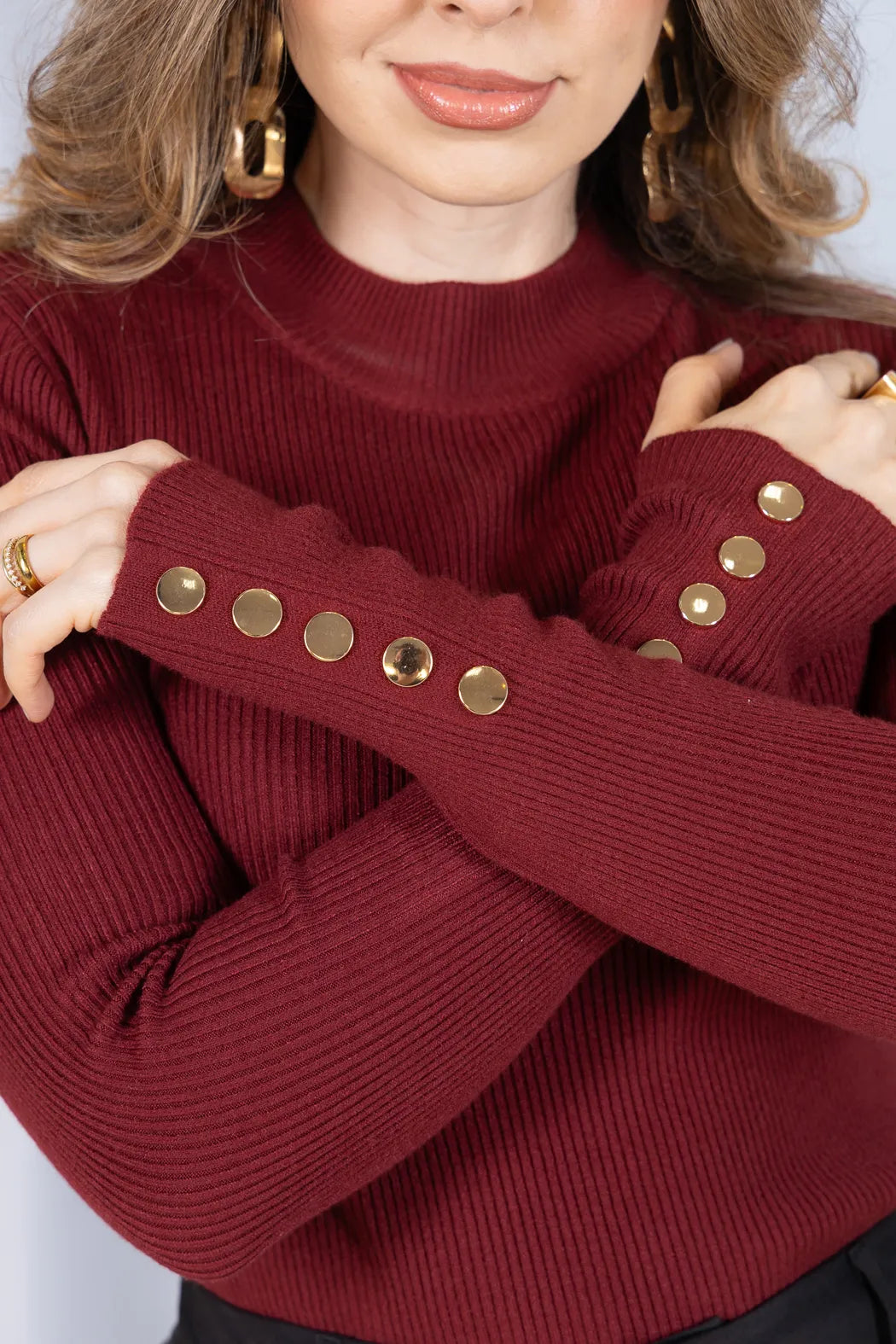 Tricot Manga Longa Meia Gola em Modal Canelado Isadora Bordô