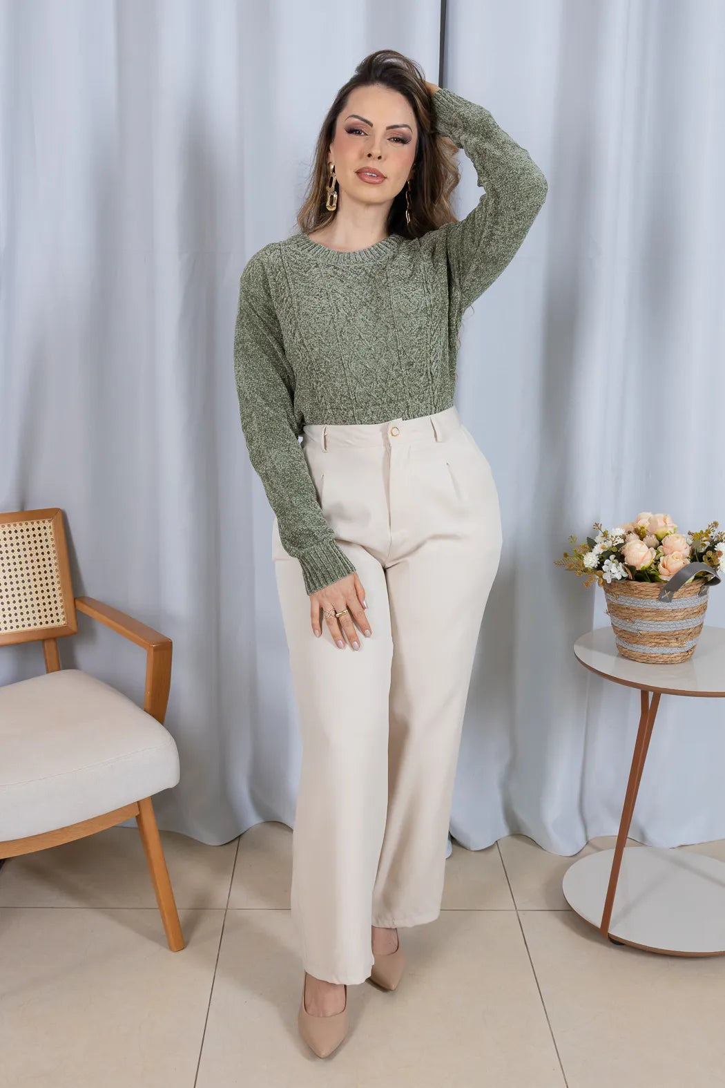 Blusa Manga Longa em Tricot Mousse Valentina Verde