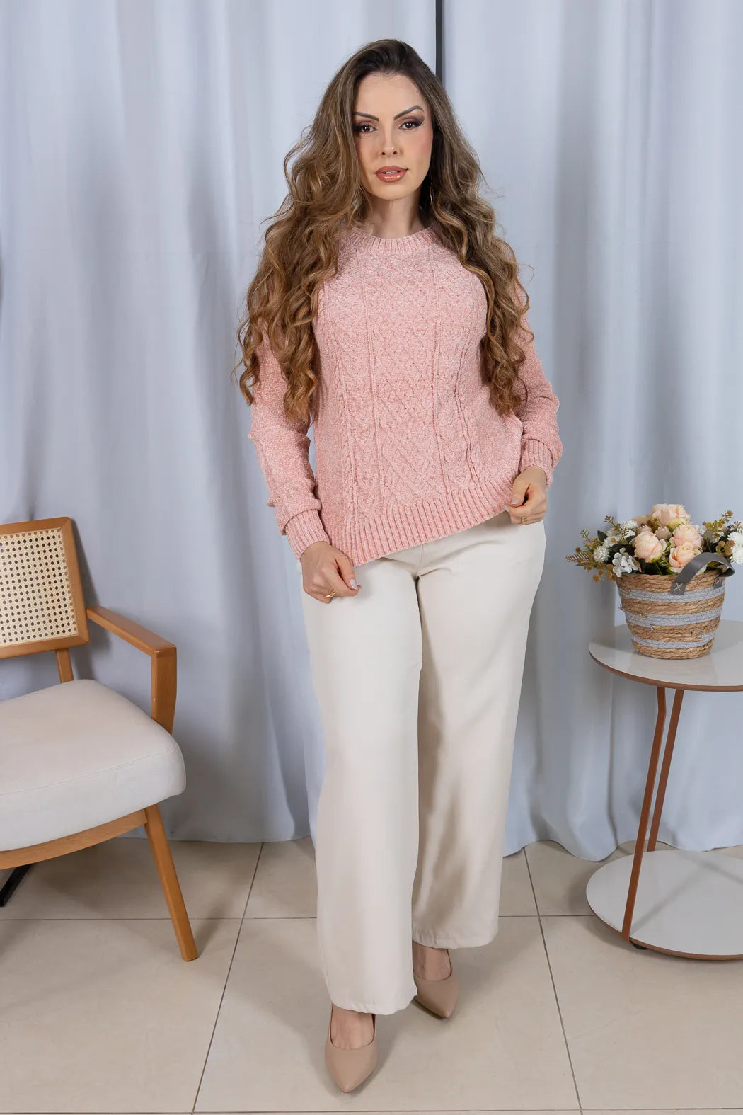 Blusa Manga Longa em Tricot Mousse Valentina Rosa