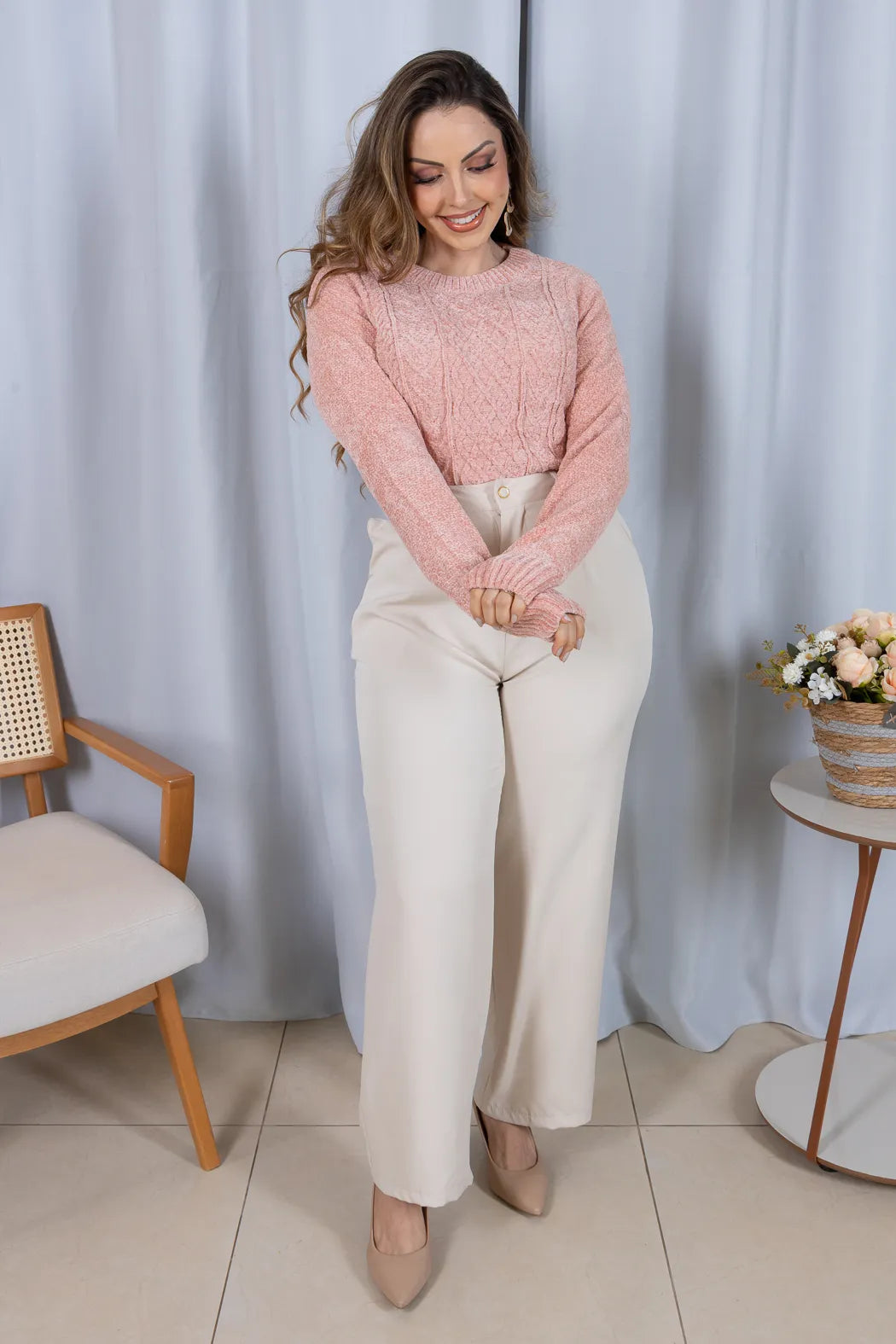 Blusa Manga Longa em Tricot Mousse Valentina Rosa