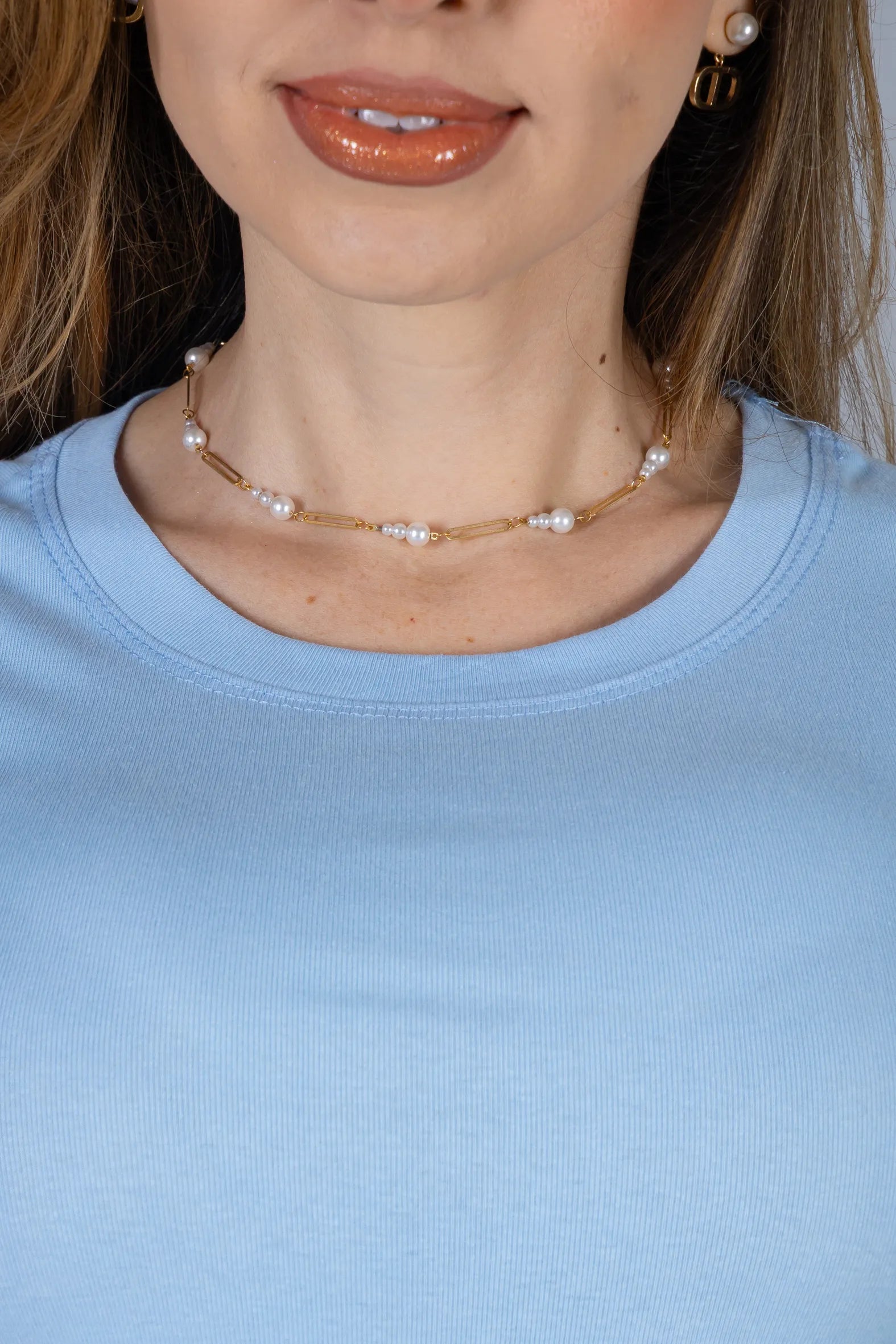 Blusa Manga Curta com Detalhes Bordados  Cotton Lycra Milena Azul