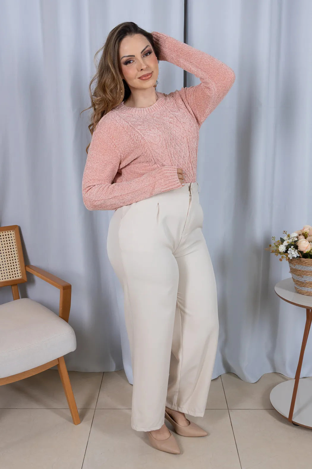 Blusa Manga Longa em Tricot Mousse Valentina Rosa