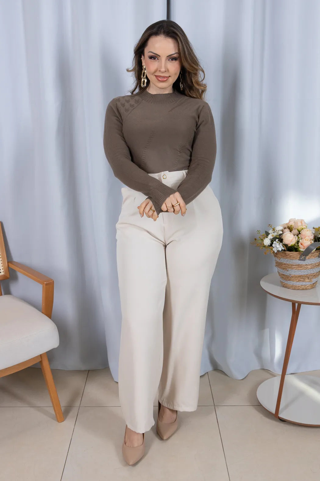 Tricot Manga Longa Meia Gola em Modal Gabriela Marrom Oliva