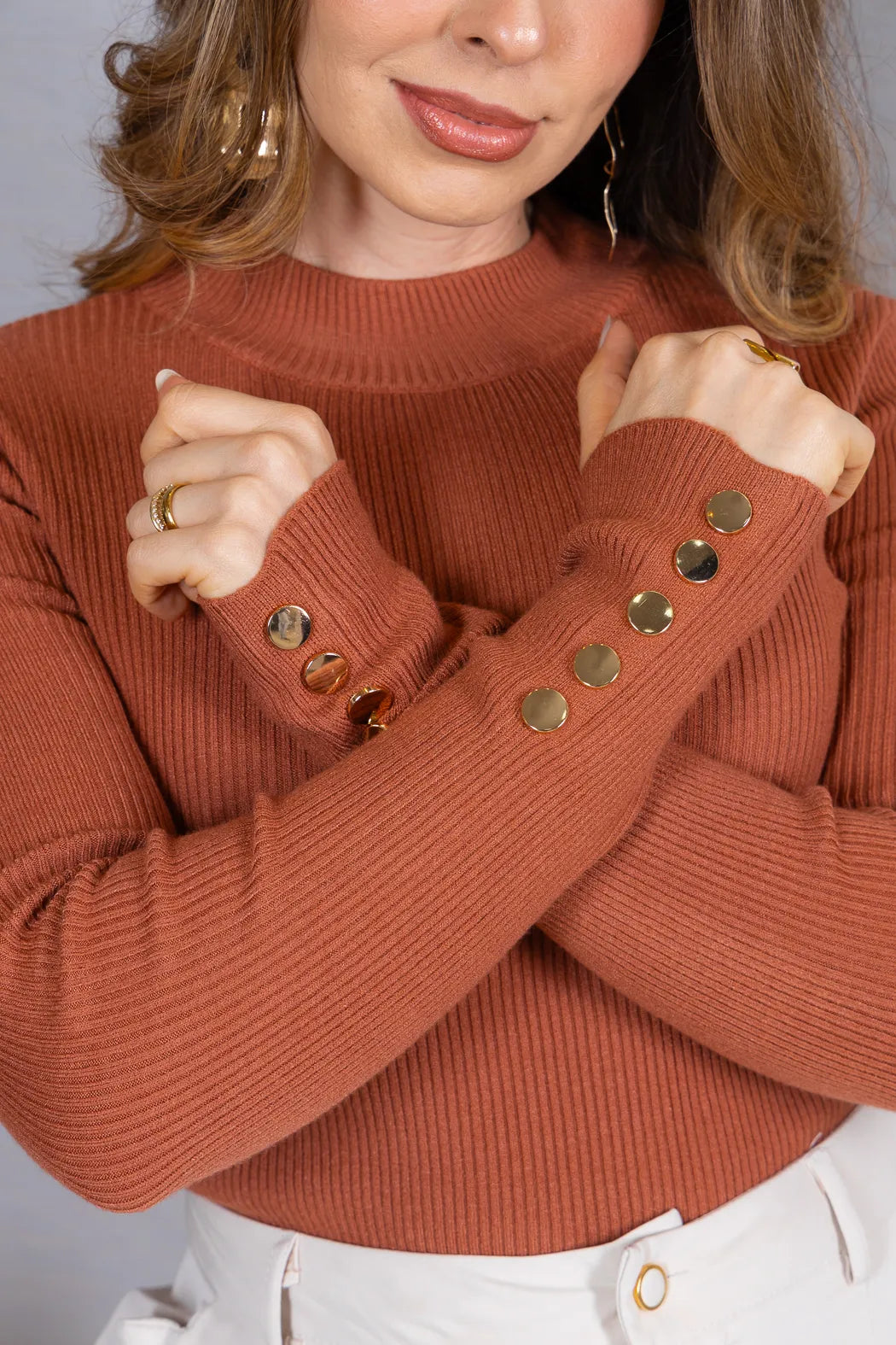Tricot Manga Longa Meia Gola em Modal Canelado Isadora Terracota