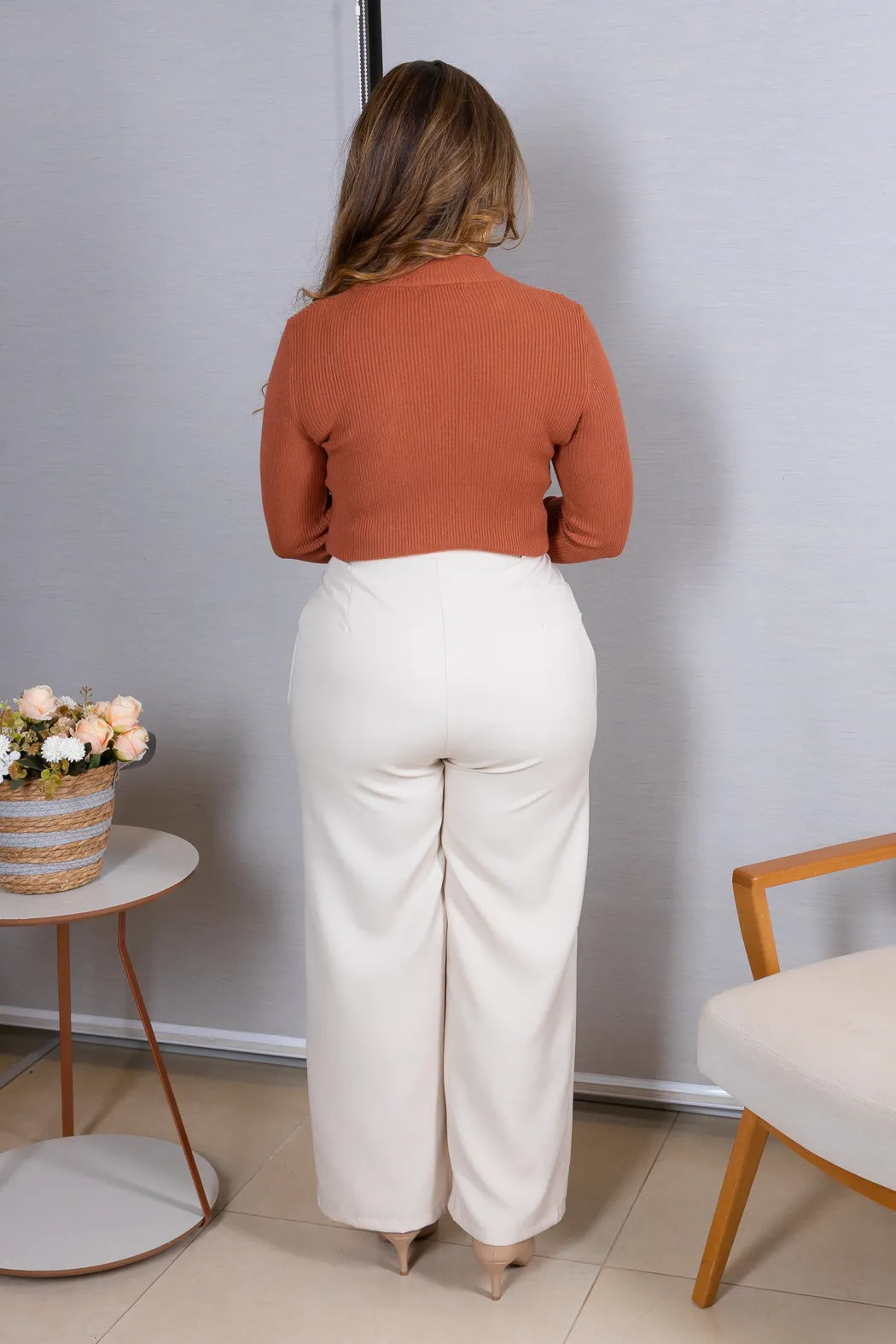 Tricot Manga Longa Meia Gola em Modal Canelado Isadora Terracota