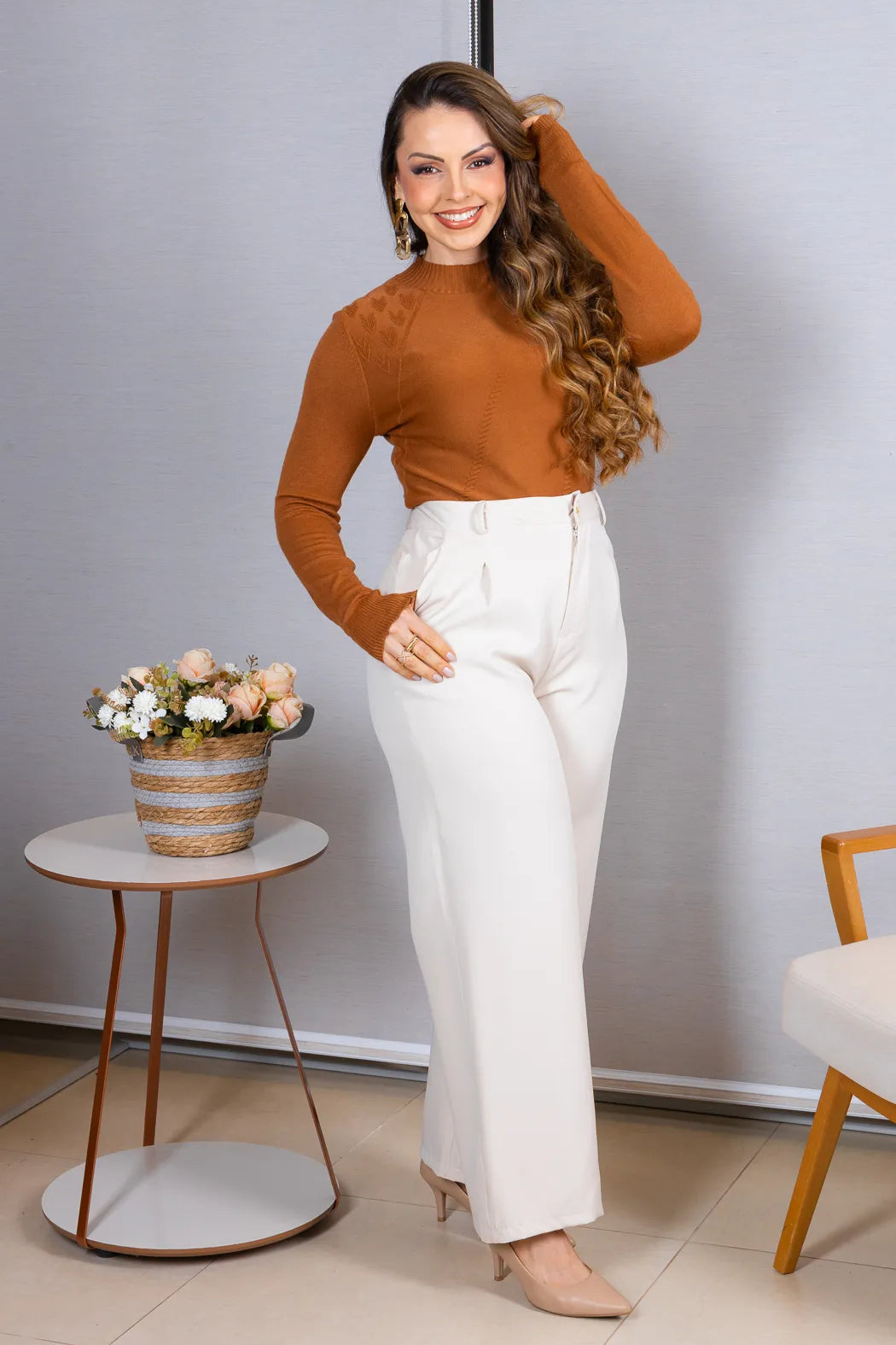 Tricot Manga Longa Meia Gola em Modal Gabriela Caramelo