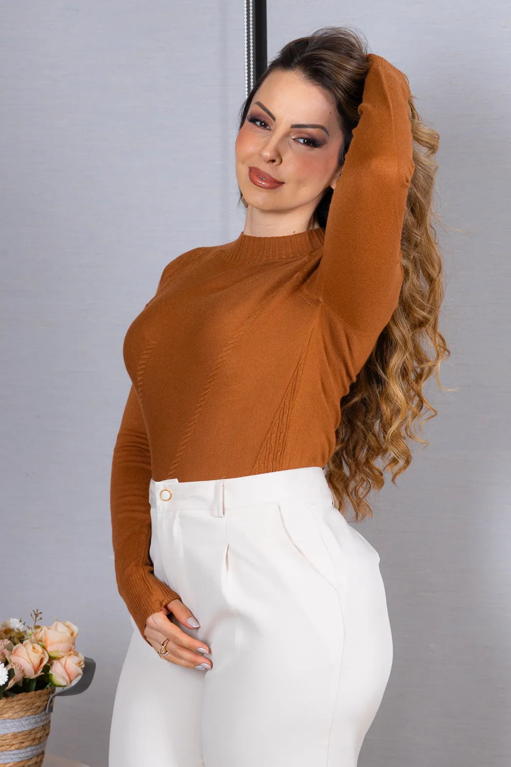 Tricot Manga Longa Meia Gola em Modal Gabriela Caramelo