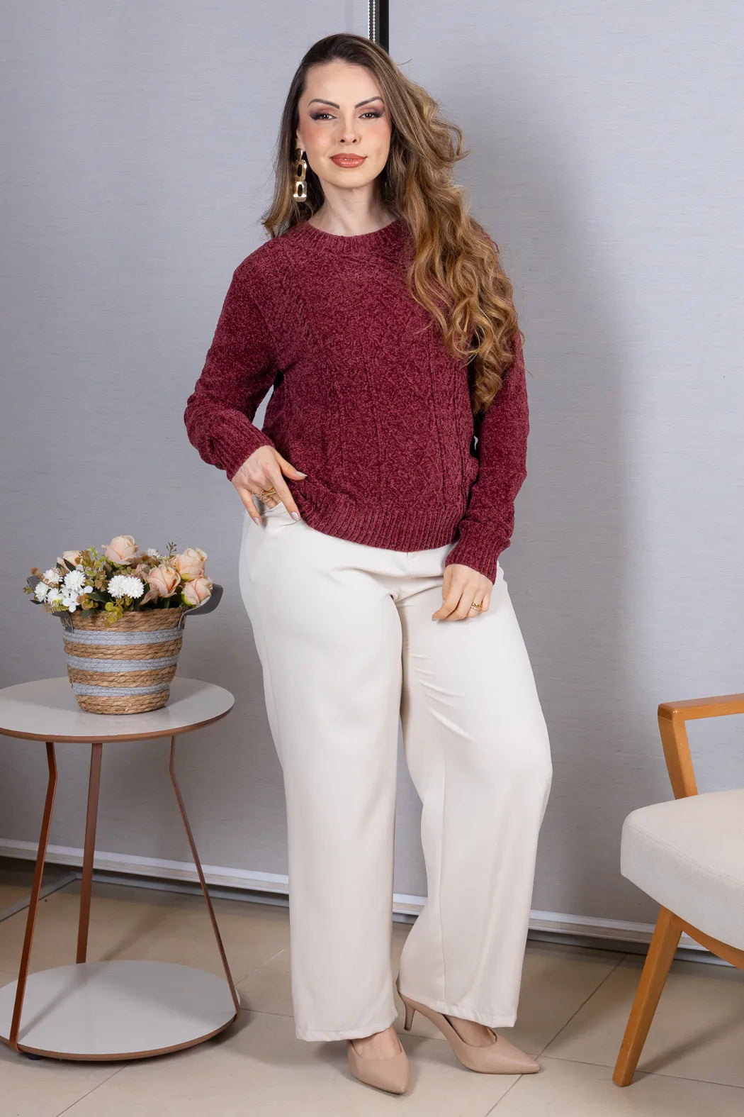 Blusa Manga Longa em Tricot Mousse Valentina Marsala