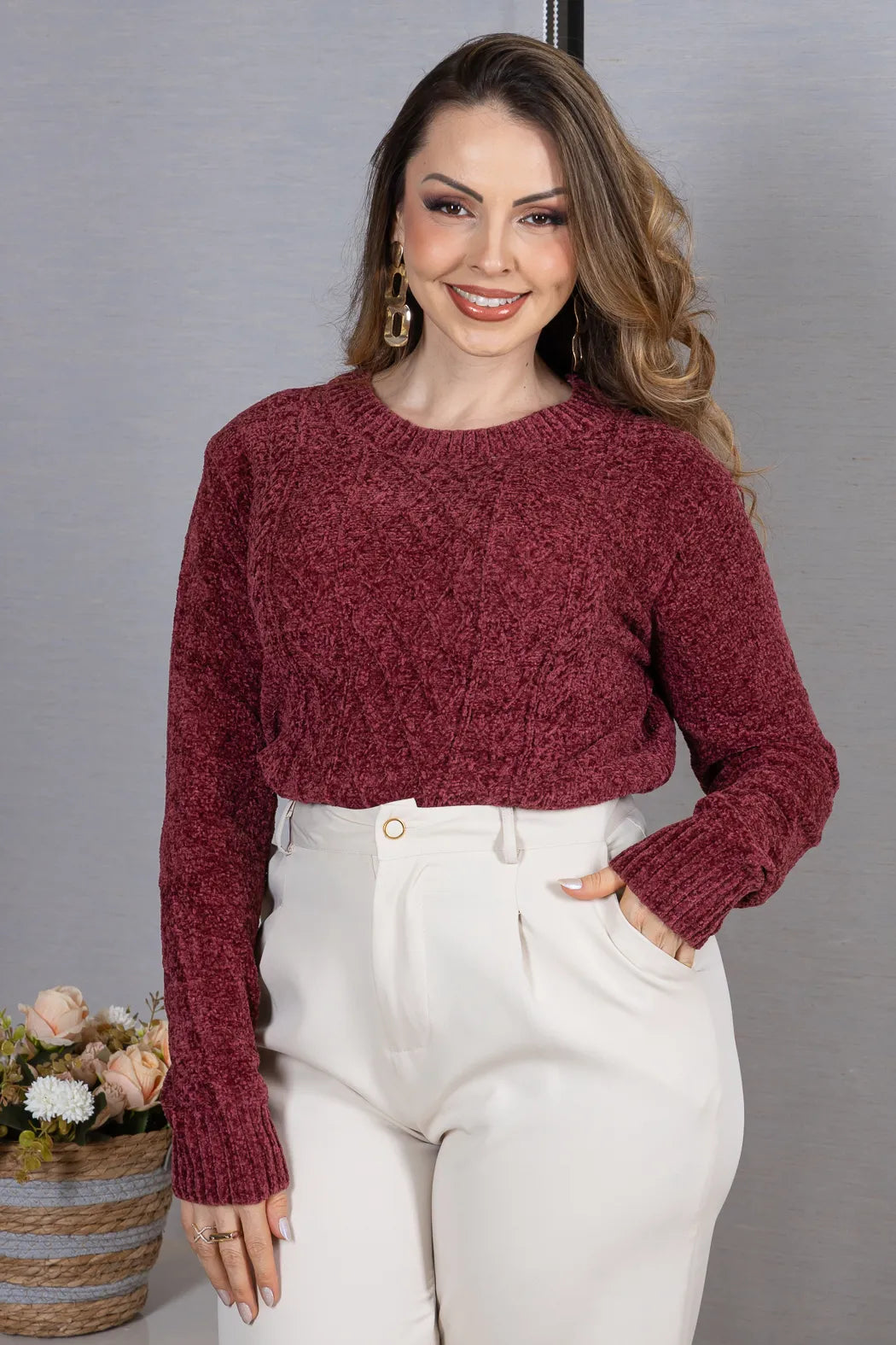 Blusa Manga Longa em Tricot Mousse Valentina Marsala