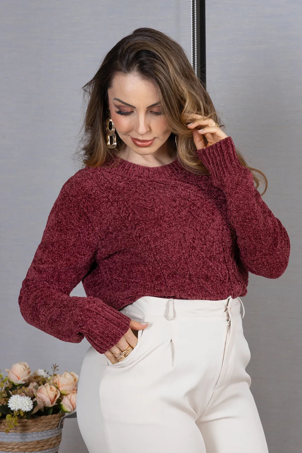 Blusa Manga Longa em Tricot Mousse Valentina Marsala