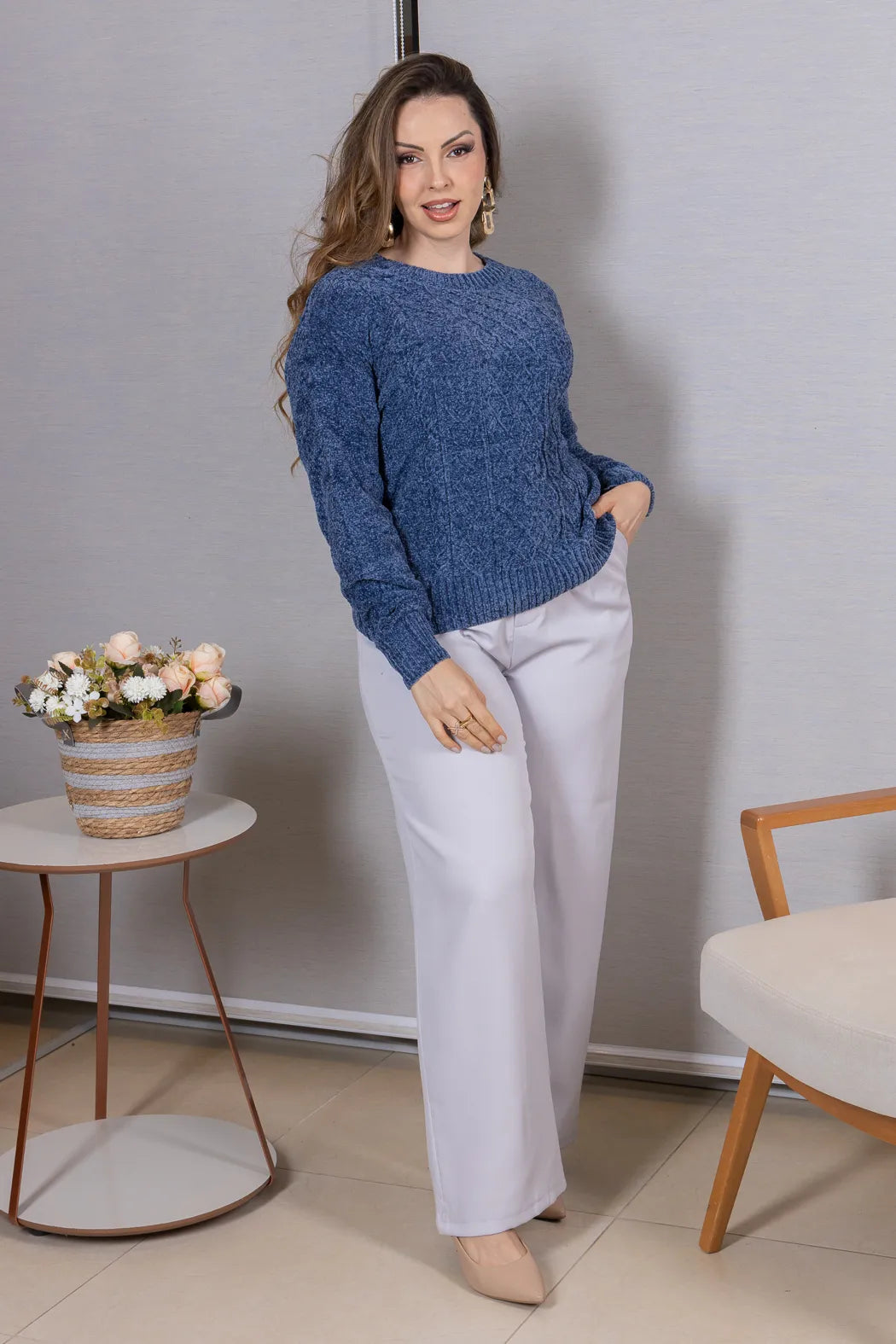 Blusa Manga Longa em Tricot Mousse Valentina Azul