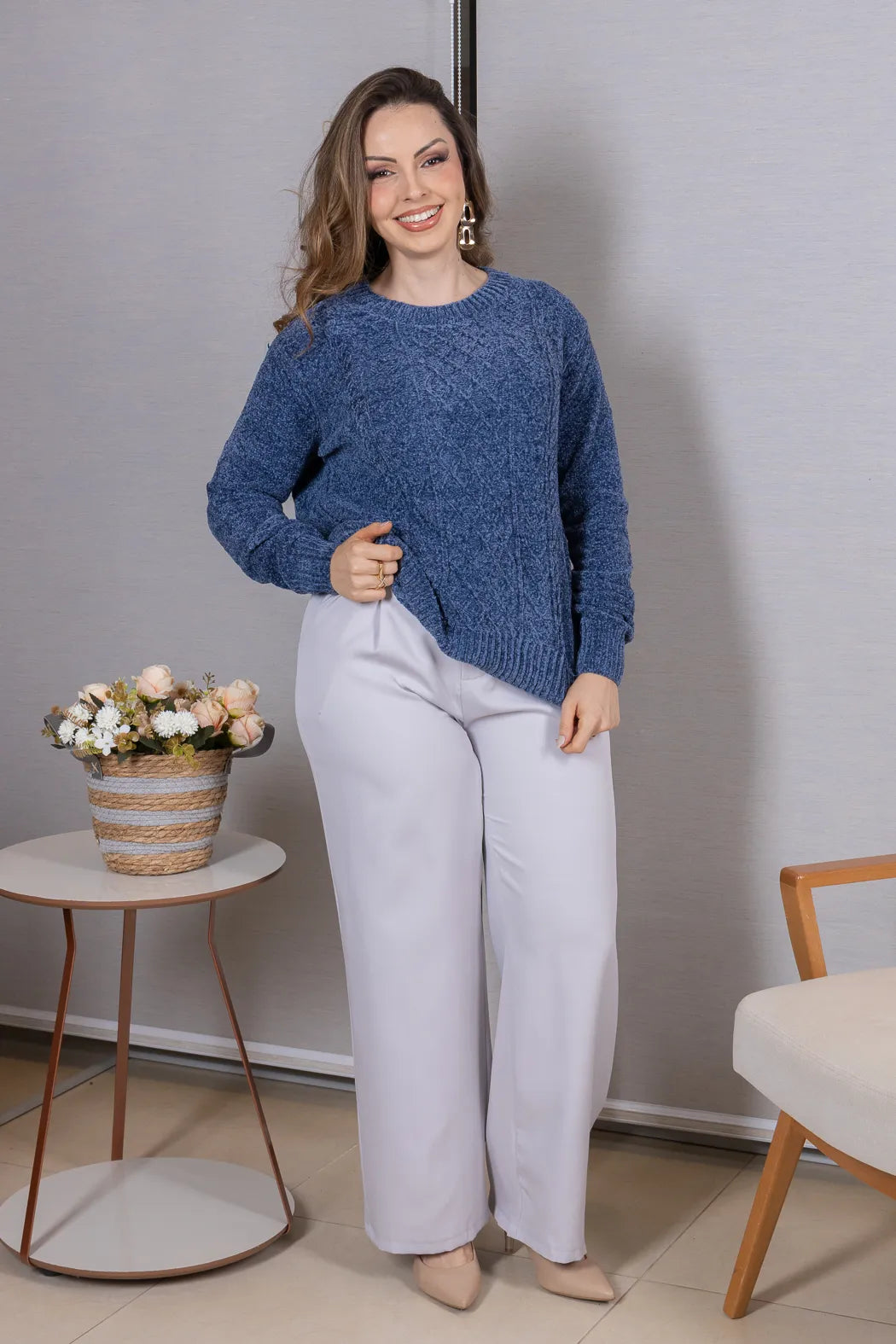 Blusa Manga Longa em Tricot Mousse Valentina Azul