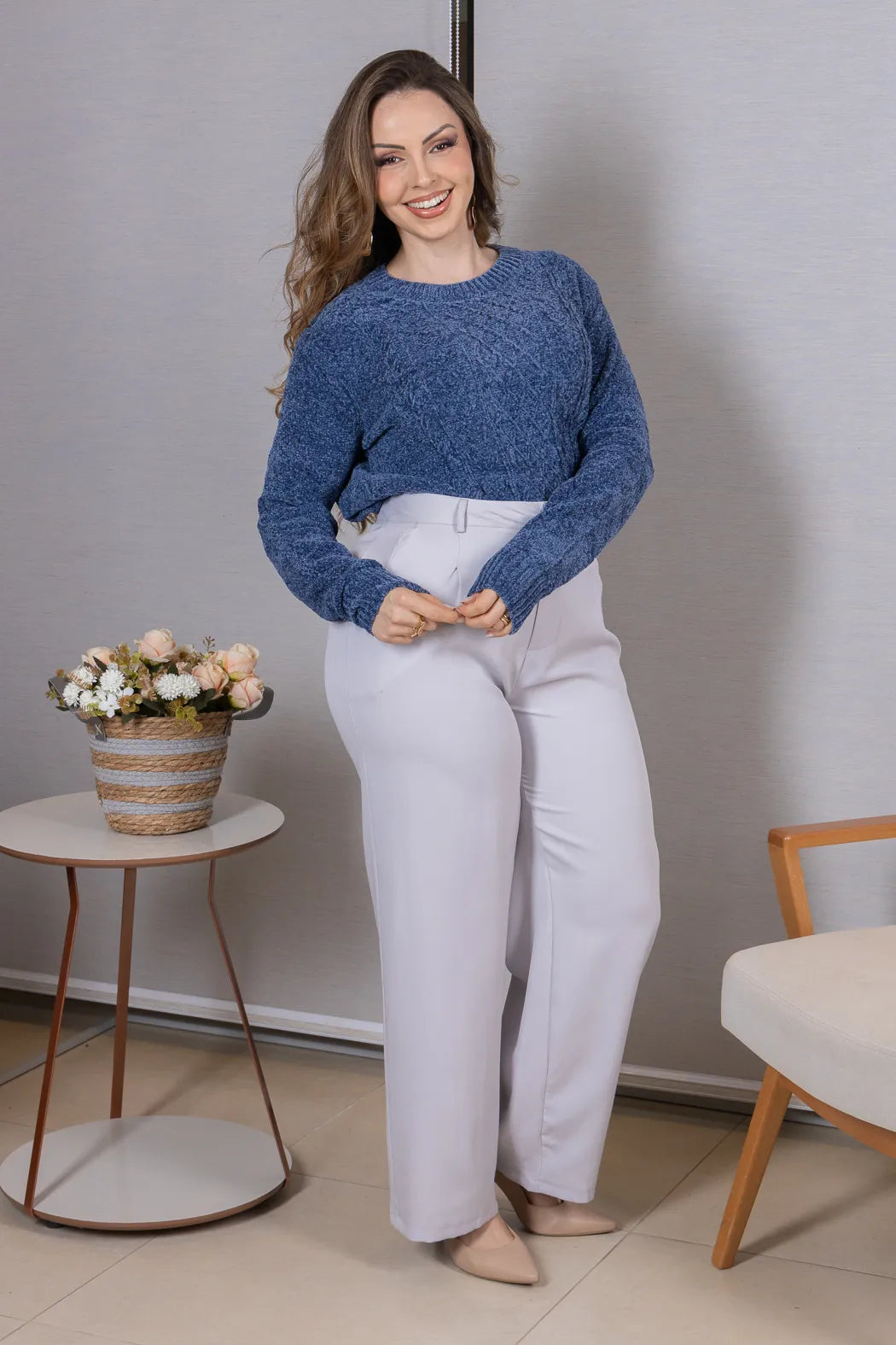 Blusa Manga Longa em Tricot Mousse Valentina Azul