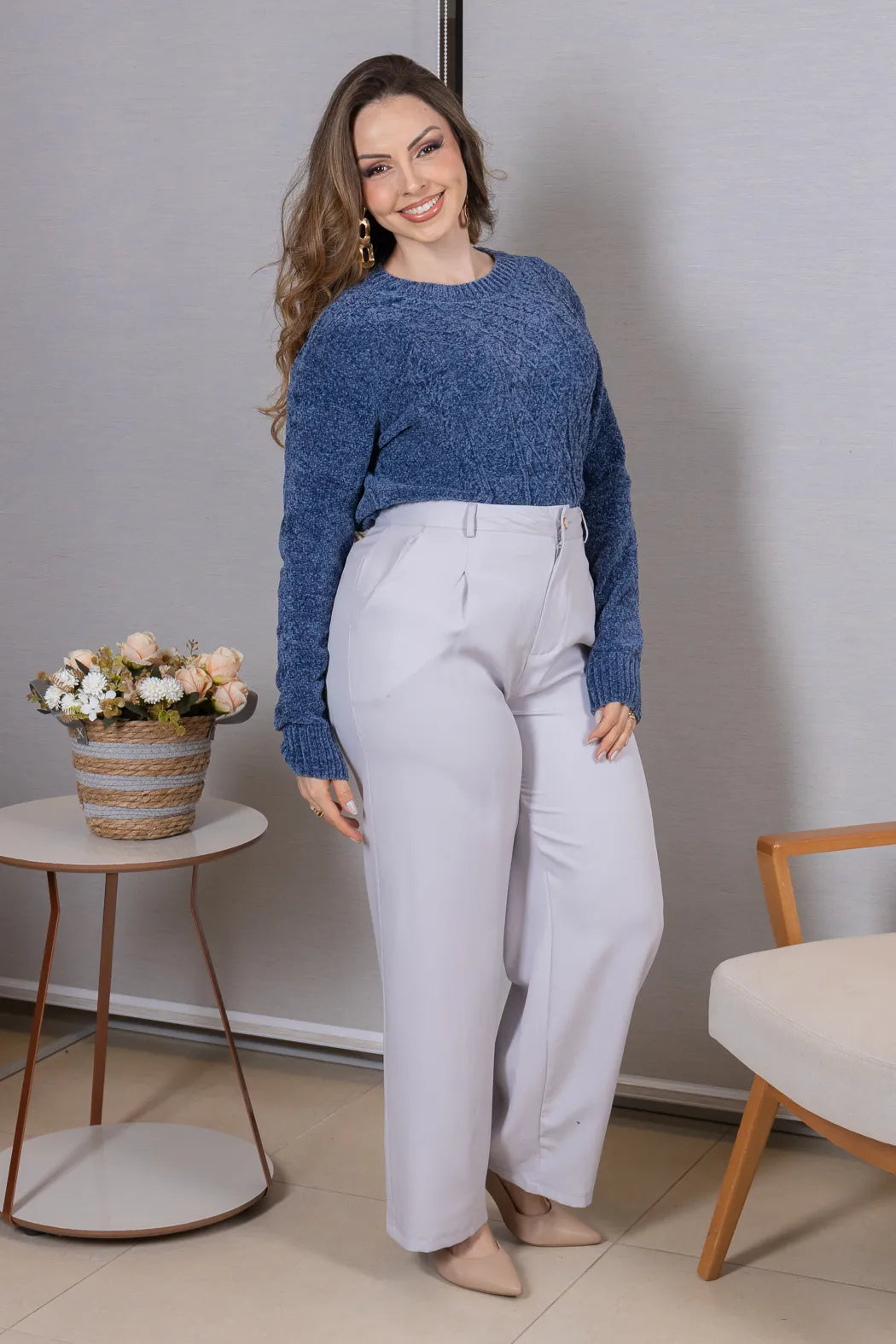 Blusa Manga Longa em Tricot Mousse Valentina Azul