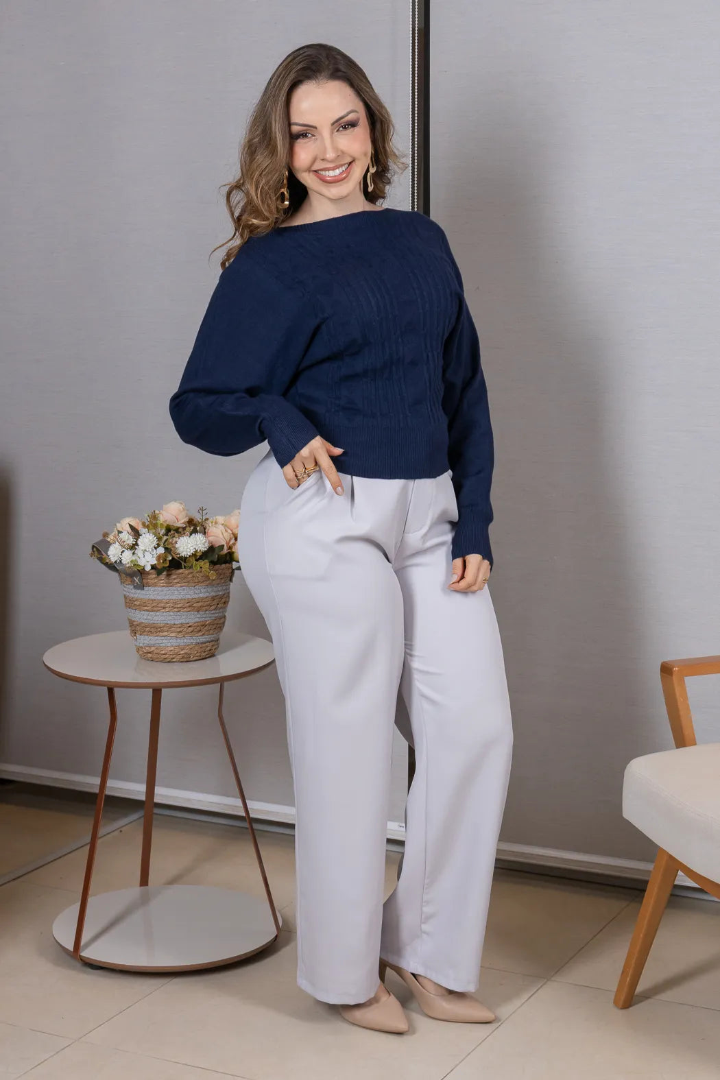 Tricot Manga Longa Ampla em Modal Jessica Azul Marinho