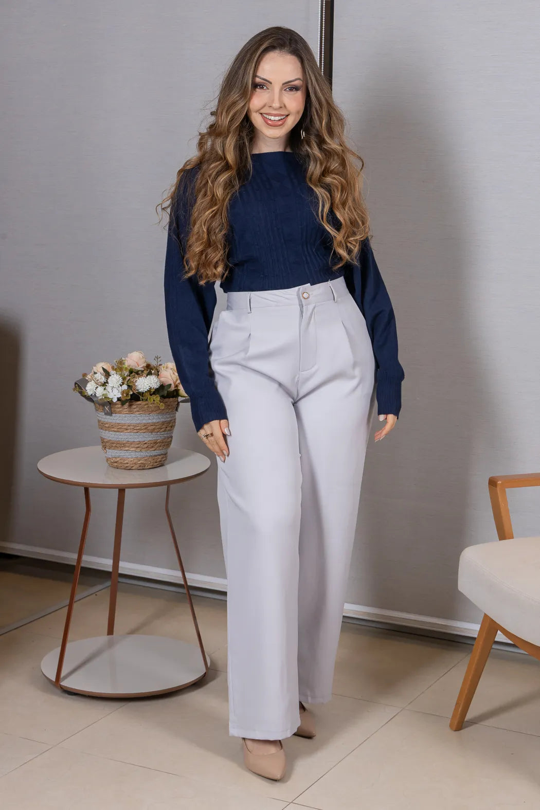 Tricot Manga Longa Ampla em Modal Jessica Azul Marinho