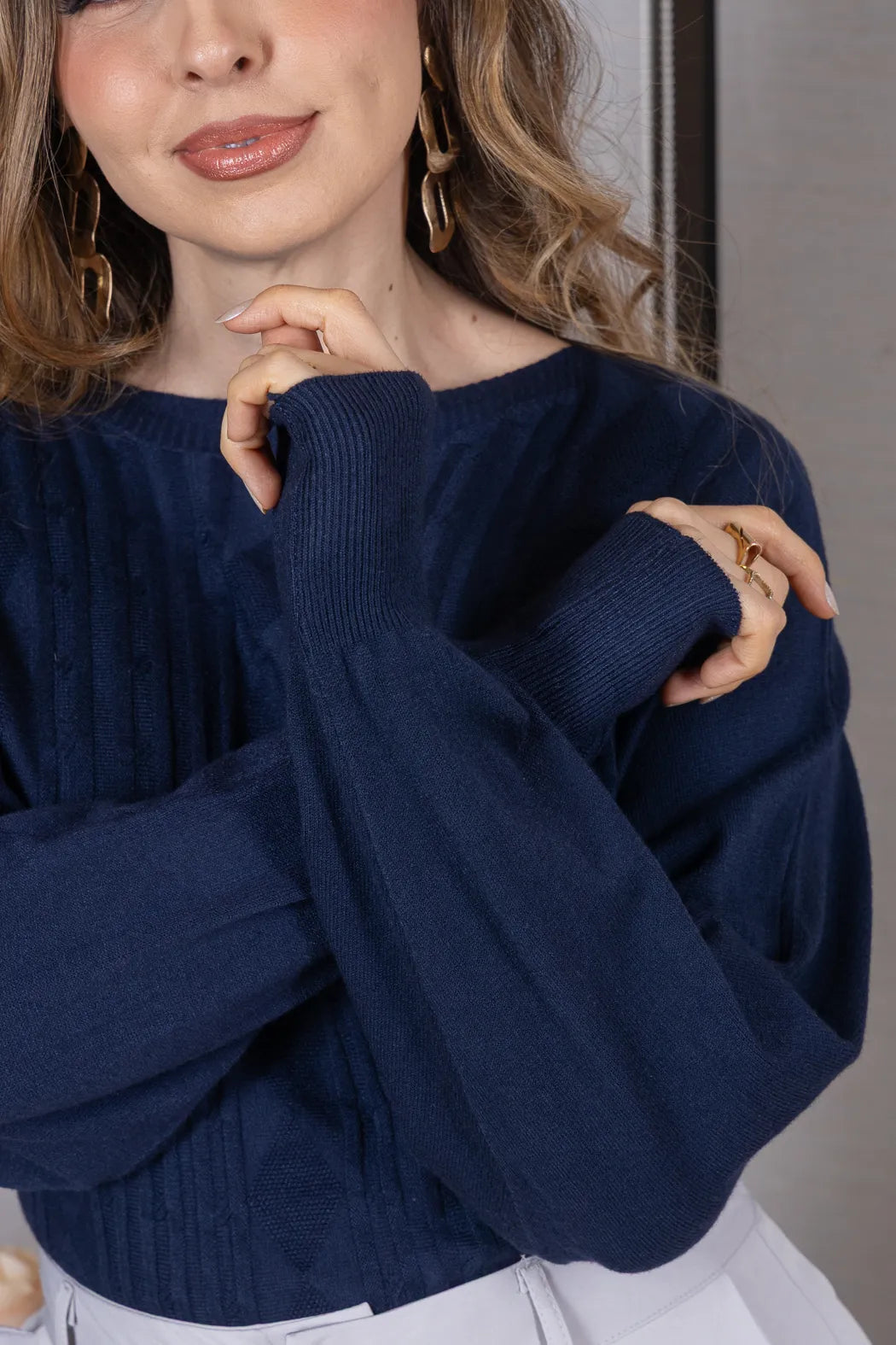 Tricot Manga Longa Ampla em Modal Jessica Azul Marinho