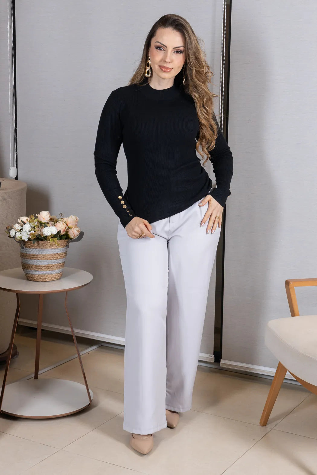Tricot Manga Longa Meia Gola em Modal Canelado Isadora Preto