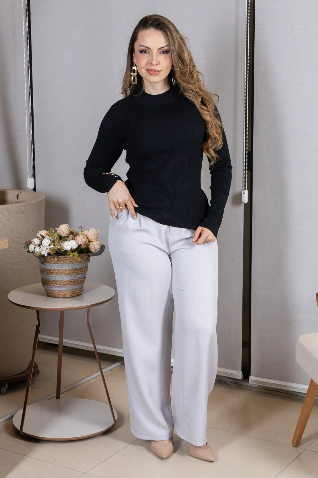 Tricot Manga Longa Meia Gola em Modal Canelado Isadora Preto