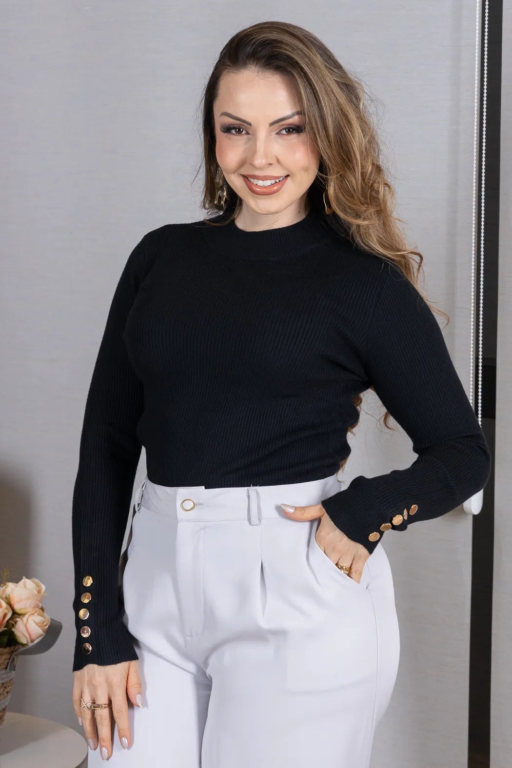 Tricot Manga Longa Meia Gola em Modal Canelado Isadora Preto