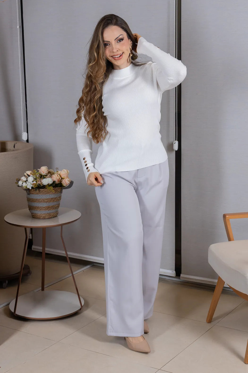 Tricot Manga Longa Meia Gola em Modal Canelado Isadora Branco