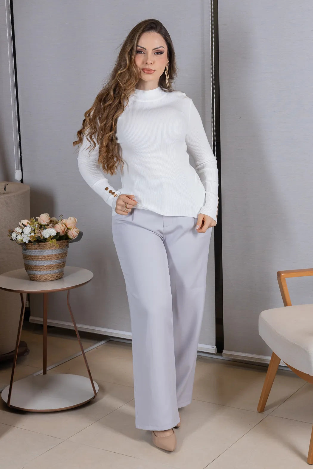 Tricot Manga Longa Meia Gola em Modal Canelado Isadora Branco