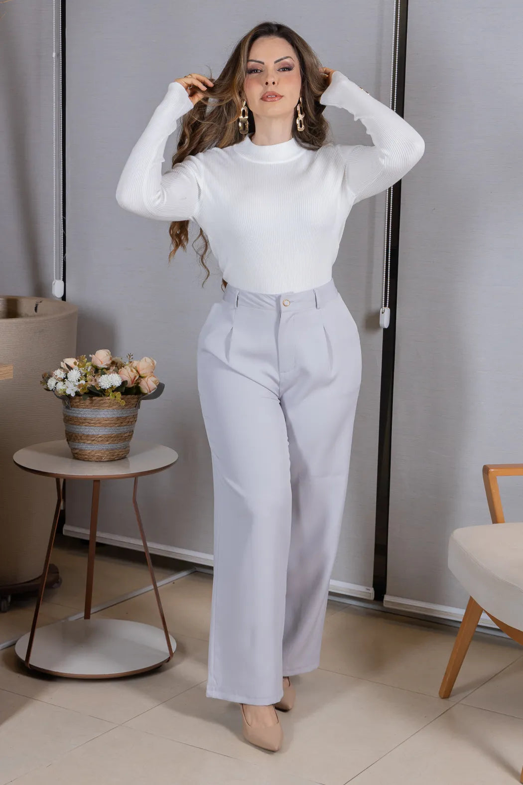 Tricot Manga Longa Meia Gola em Modal Canelado Isadora Branco