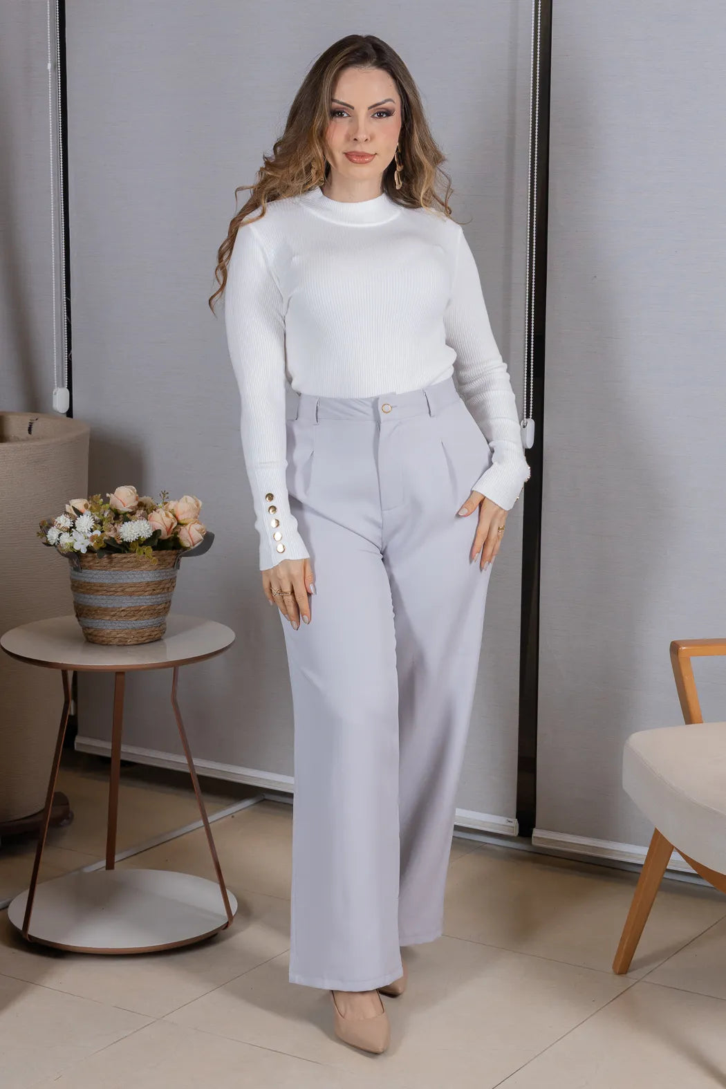 Tricot Manga Longa Meia Gola em Modal Canelado Isadora Branco