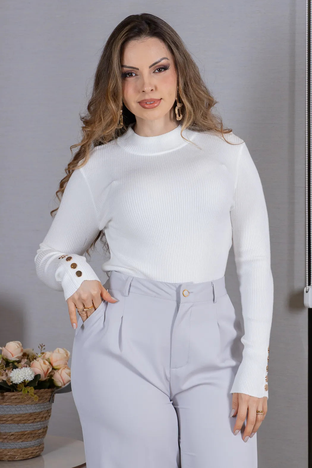 Tricot Manga Longa Meia Gola em Modal Canelado Isadora Branco
