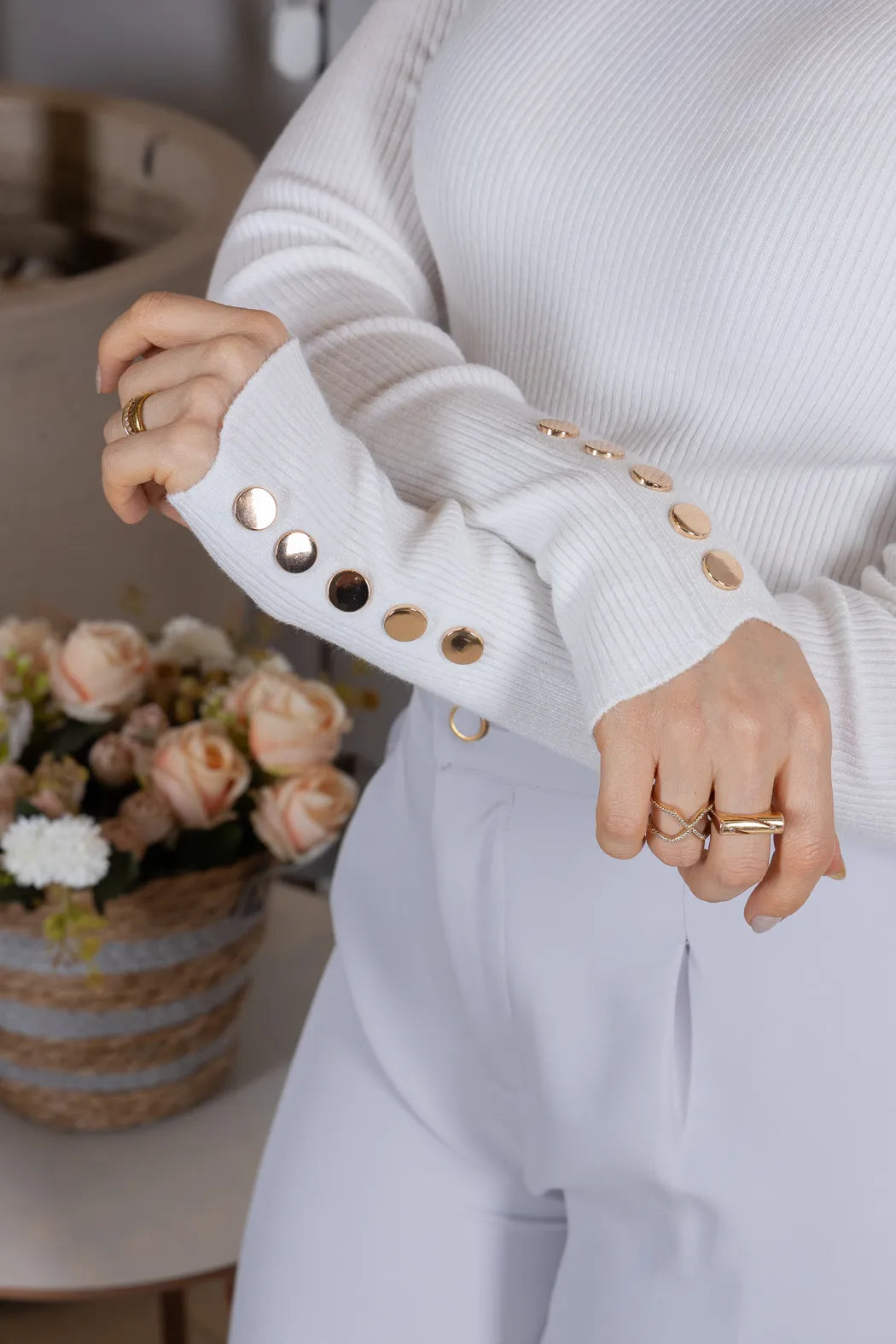Tricot Manga Longa Meia Gola em Modal Canelado Isadora Branco