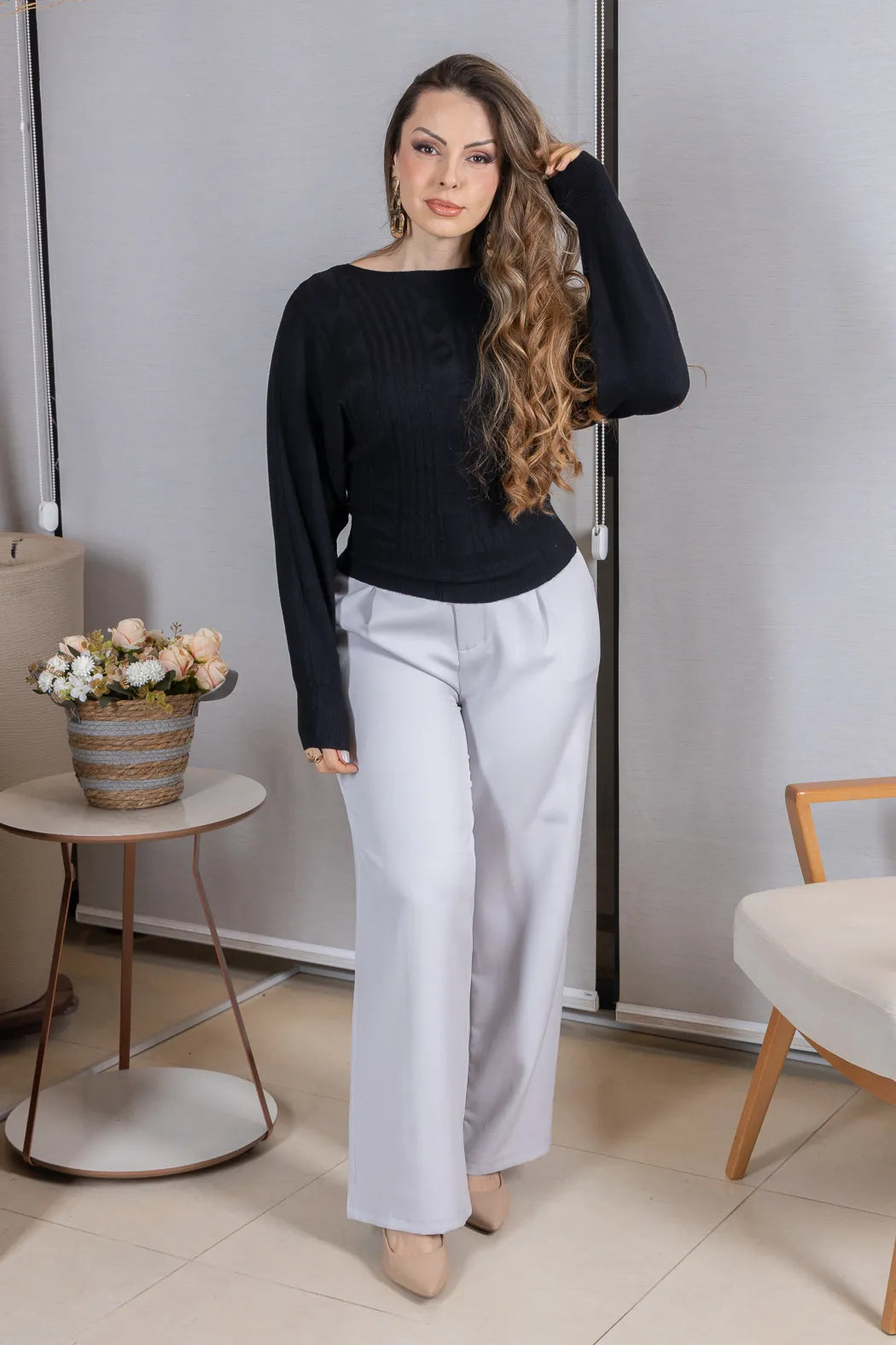 Tricot Manga Longa Ampla em Modal Jessica Preto