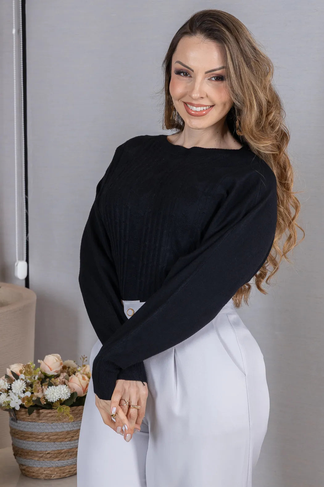Tricot Manga Longa Ampla em Modal Jessica Preto