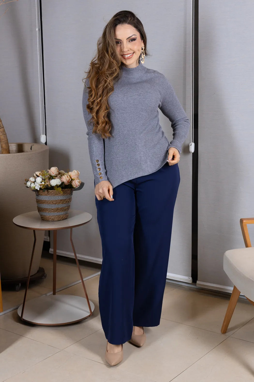 Tricot Manga Longa Meia Gola em Modal Canelado Isadora CInza