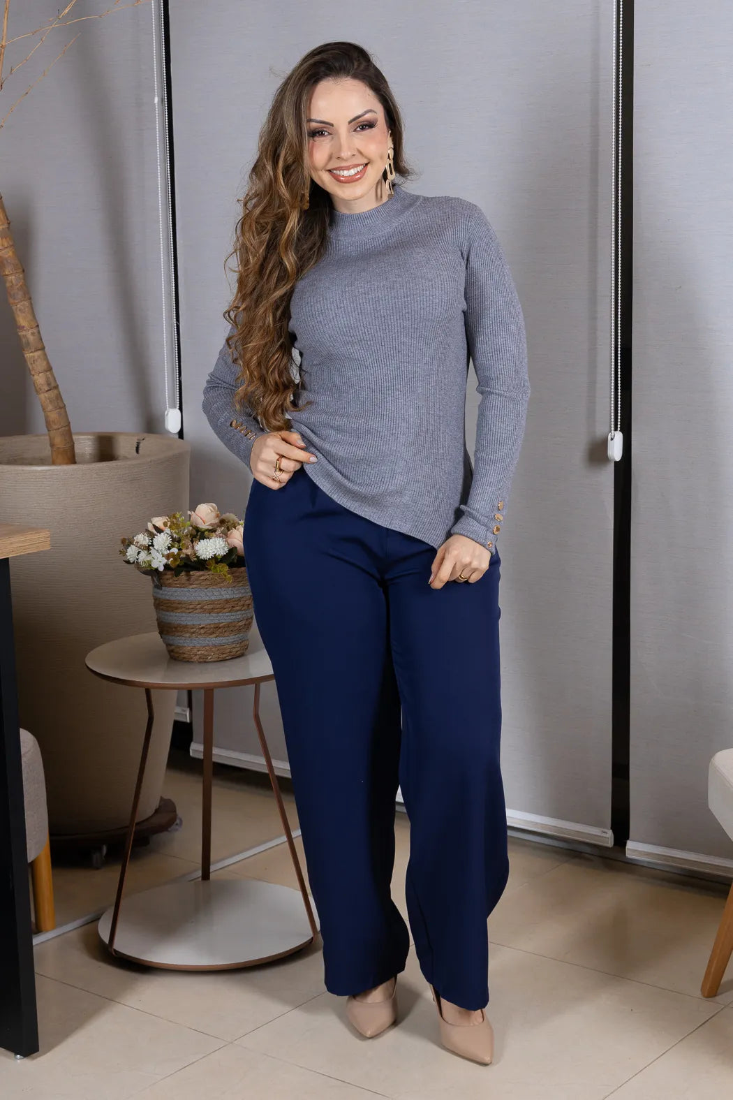 Tricot Manga Longa Meia Gola em Modal Canelado Isadora CInza