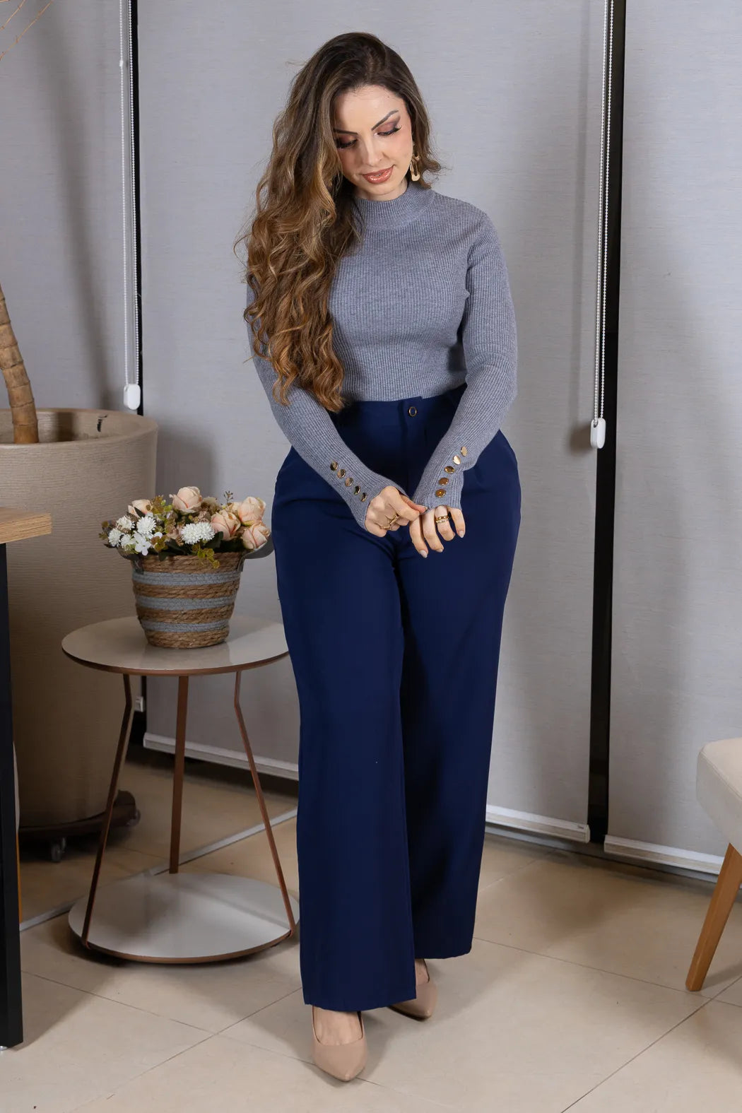Tricot Manga Longa Meia Gola em Modal Canelado Isadora CInza
