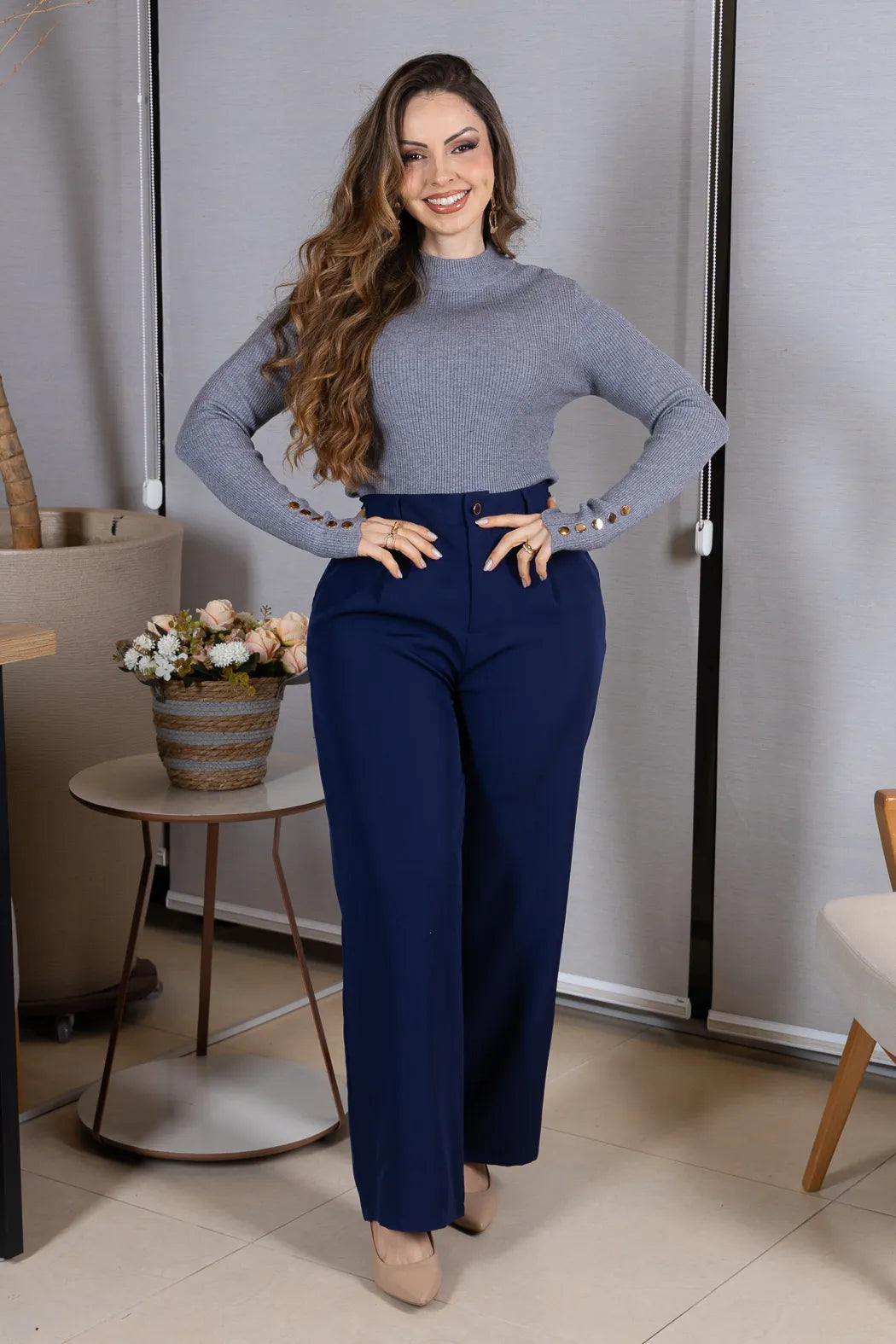 Tricot Manga Longa Meia Gola em Modal Canelado Isadora CInza