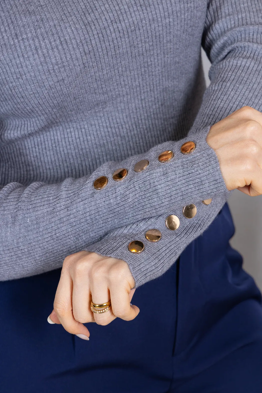 Tricot Manga Longa Meia Gola em Modal Canelado Isadora CInza