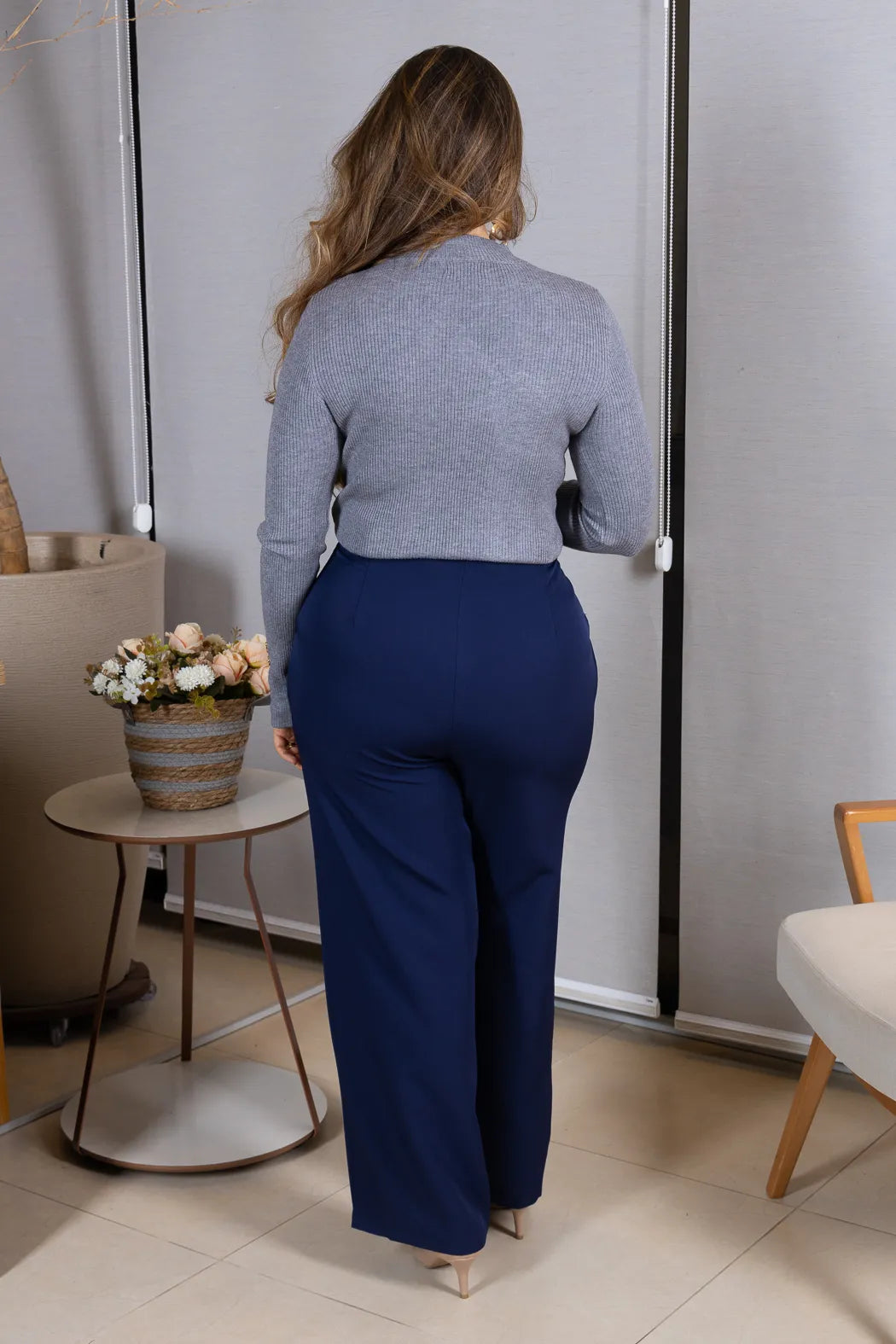 Tricot Manga Longa Meia Gola em Modal Canelado Isadora CInza