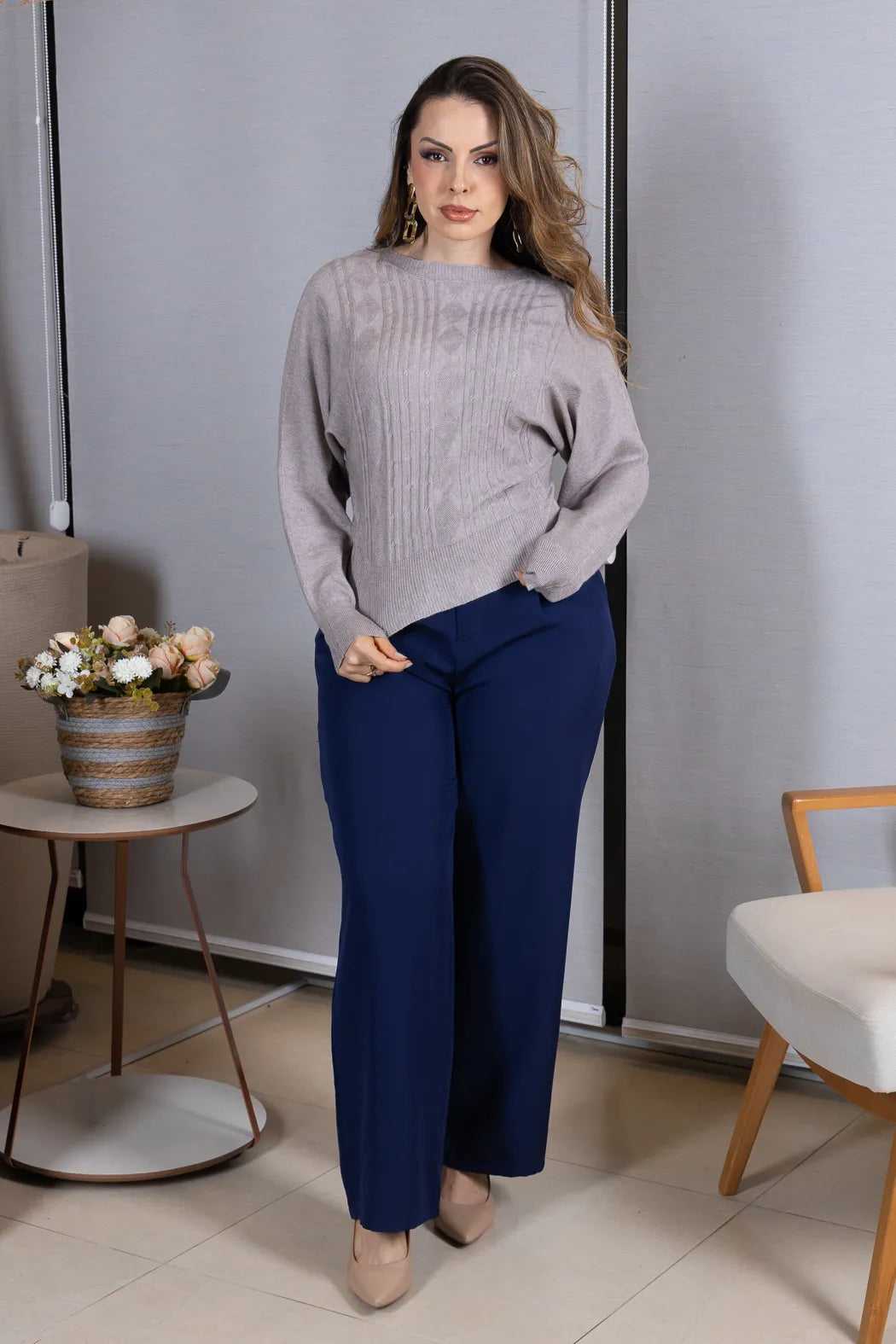 Tricot Manga Longa Ampla em Modal Jessica Cinza