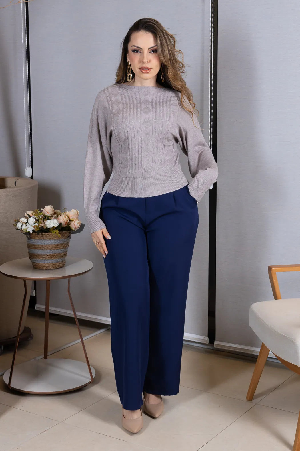 Tricot Manga Longa Ampla em Modal Jessica Cinza