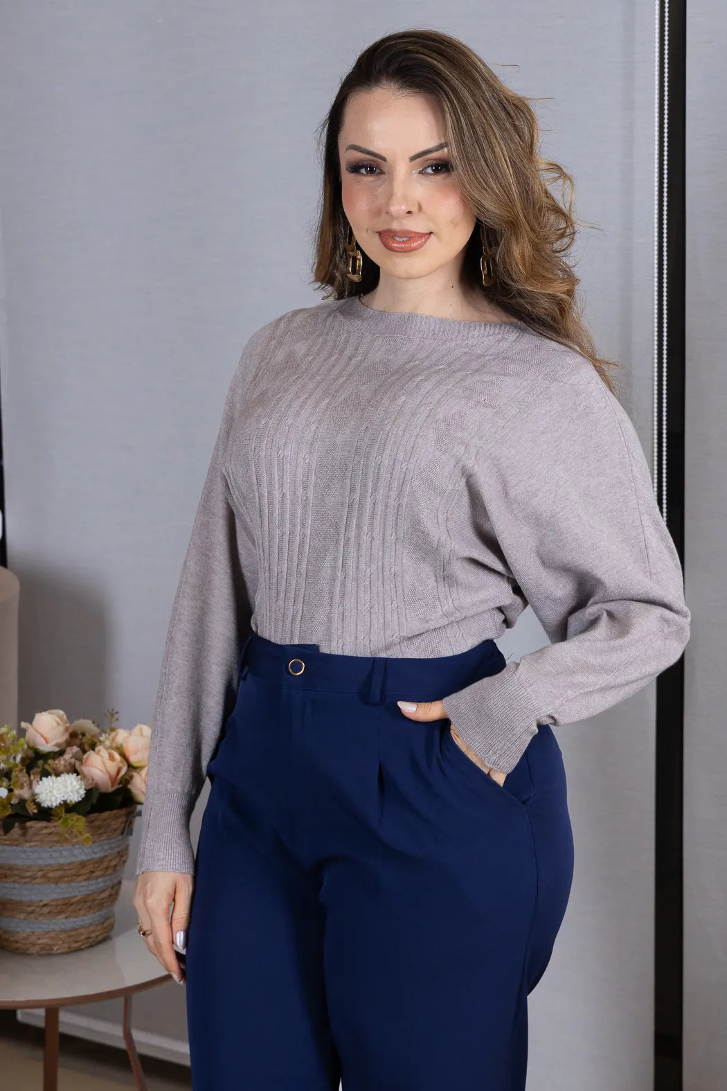 Tricot Manga Longa Ampla em Modal Jessica Cinza