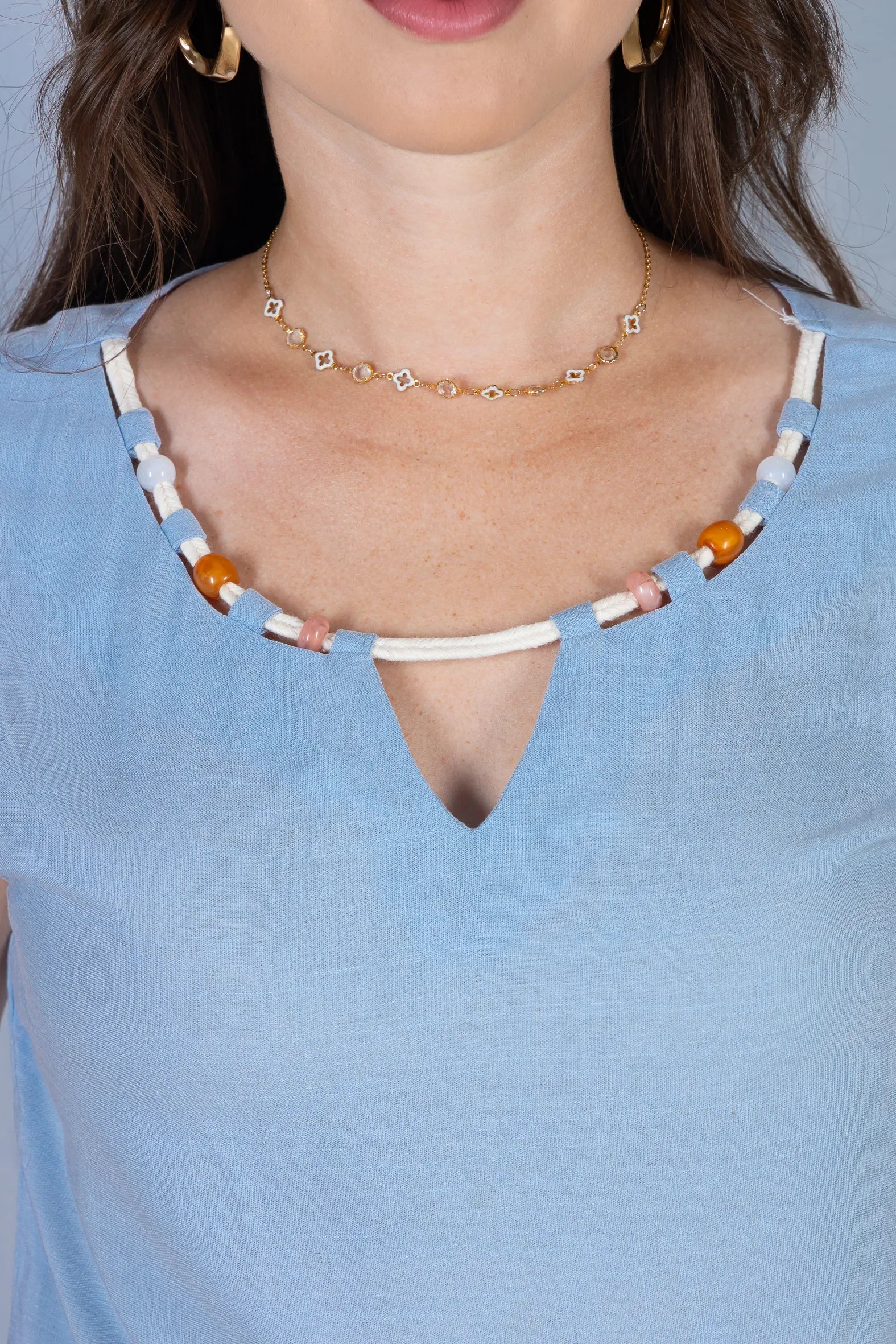 Blusa Regata Algodão Linho Detalhe Trançado com Pedraria Pietra Azul