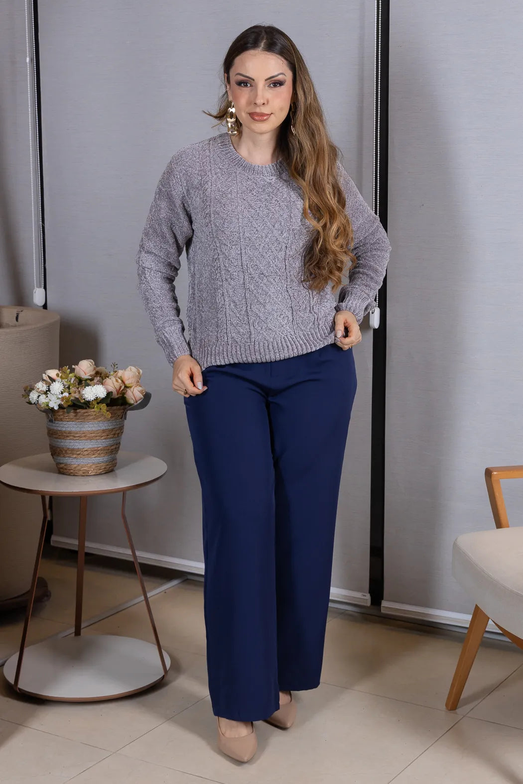 Blusa Manga Longa em Tricot Mousse Valentina Cinza